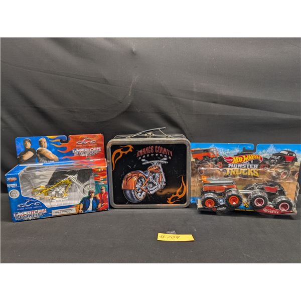 American Chopper Diecast Motorcycle in Box + Lunchbox and Hotwheels Monster Trucks