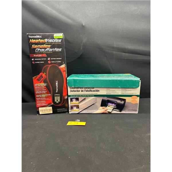 A Counterfeiter Money Detector and Large Heated Insoles in Origianl Boxes