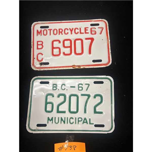 1967 Motor Cycle License Plate and BC Municipal Plate