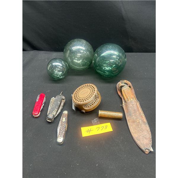 Vintage Collectible lot of Glass fishing net balls knives and Mosquito Fishing reel