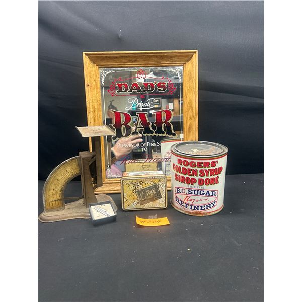 Nice Vinatge Collectible lot Mirror, Postal Scale Syrup Tin Etc