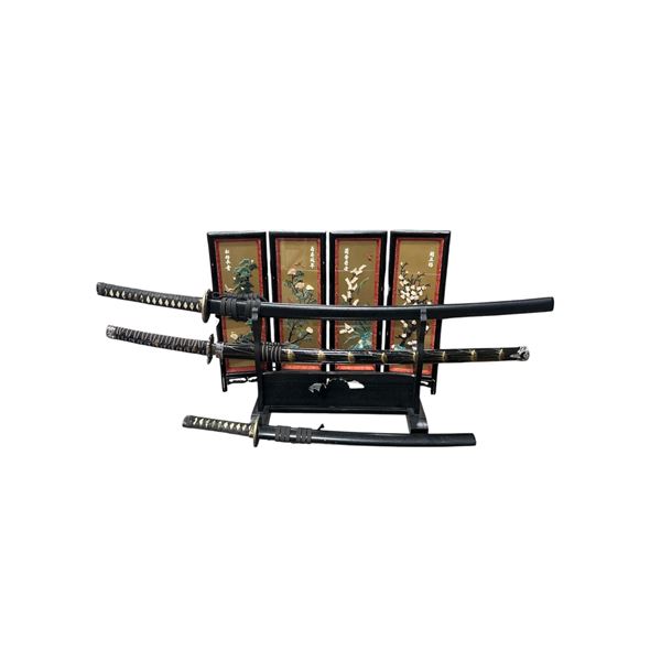 Lot of 3 Samurai Swords w/ Display and Folding Asian Art