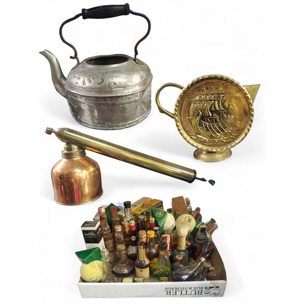 Assorted Lot of Miniature Bottles, Tea Kettle, Blizzard Pump Sprayer, Vintage Boat Themed Metal Pour