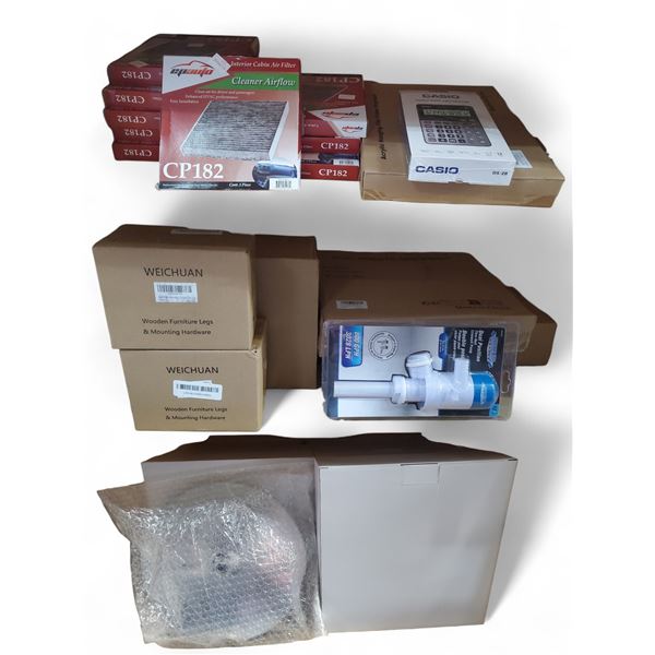 Lot of Assorted Air Filters, Shower Heads, File Organizers, Calculator