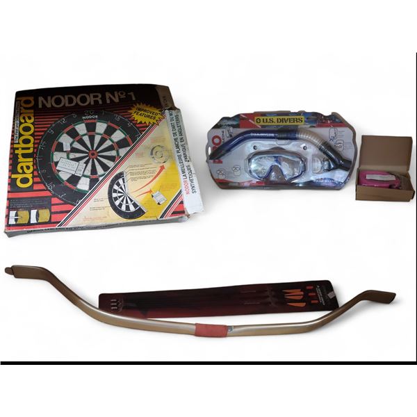 Lot of Bow and Arrows, Scuba Kit, Dart Board, Dog Leashes
