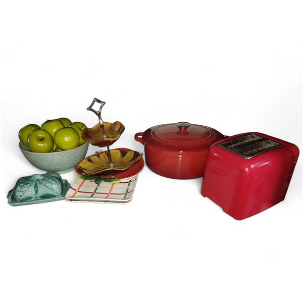 Lot of Kitchen Accessories: Toaster, Plates, Butter Dish, Dutch Oven