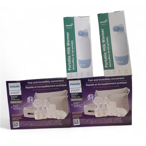 Lot of 4 (2x Phillips Double Electric Breast Pump - 2x Grownsy Portable Milk Warmer)