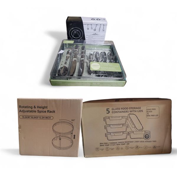 Assorted Lot of BNIB Glass Tupperware x 2 - Spice Rack - Utensils x 2
