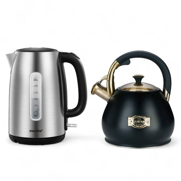 BNIB Comfee 1.7 Liter Stainless Steel Electric Kettle & LAZNEYRU 3.0QT Whistling Kettle