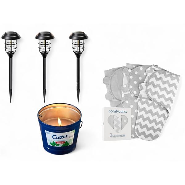 Group of New 3x Comfy Cubs Swaddles, Cutter Outdoor Candle & Outdoor Lights