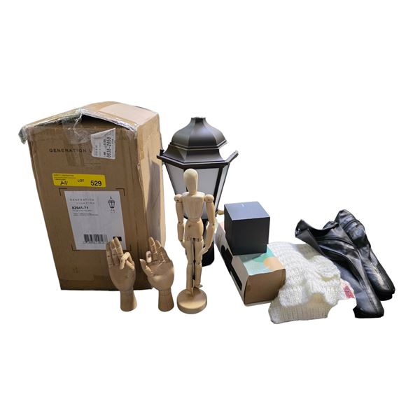 Group of Misc - Outdoor Post Lantern, Wood Decor Hands/Body, Lamp Post, Shoes, Karaoke Mic, Casio Wa