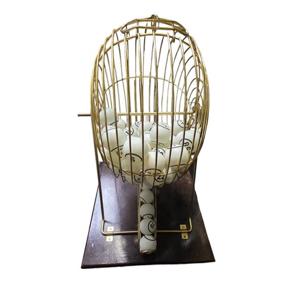 Metal Bingo Ball Cage w/ Numbered Balls on Wooden Base