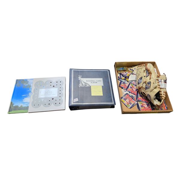 Group of Baseball Glove, 6 Collectable Stickers, 1991 Football NFL, & 2010 Collection Singapore Stam