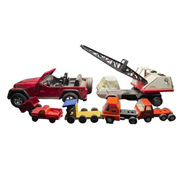 Mixed Toy Vehicle Lot Including Tonka Crane Truck, Jeep Model, and Assorted Toy Trucks & Wooden Trai