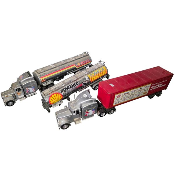 Group of Die-Cast Semi Truck and Trailer Lot Including Shell Tanker and Red Box Trailer