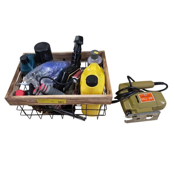 Group of Misc - Black & Decker Jig Saw, Shell Antifreeze, Wood Basket, Screwdriver Bits, Etc.