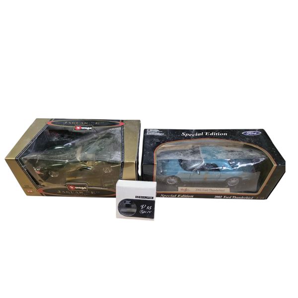 Vintage Car Shaped Glass Decanters and 1:18 Scale Diecast Model Cars Lot - 2002 Ford Thunderbird & J