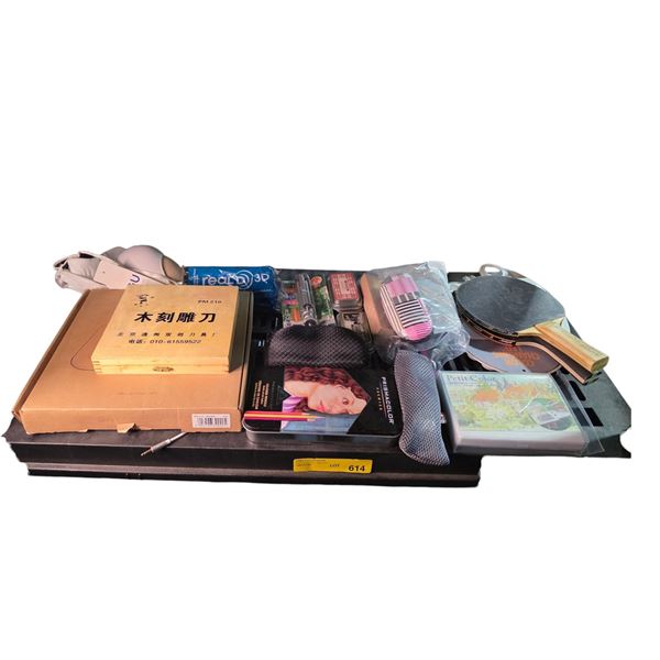 3 Shelves of Misc - Scale, Bra, Glasses w/Case, Colour Pencils, Tin Foil, Meat Grinder, Etc.