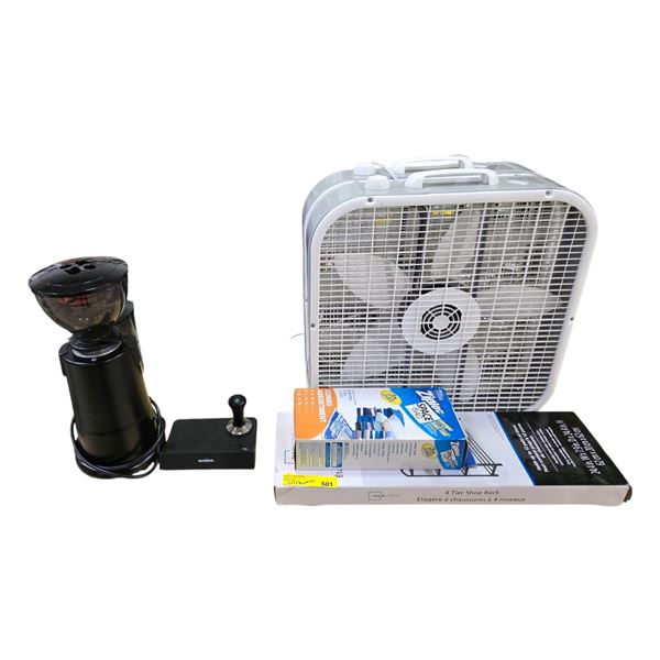 Group of Coffee Grinder, 2 Fans, 4 Tier Shoe Rack & Ziploc Bags