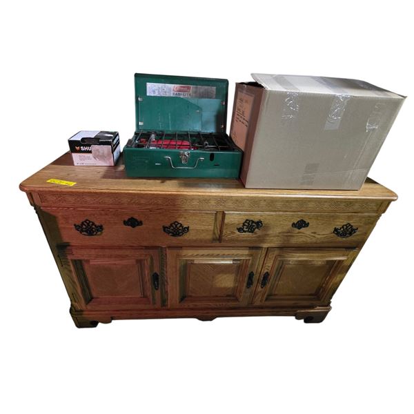 Group of Misc - Wooden Dresser, Vinyl Wall Base, Decor/Prop, Coleman Gas Stove, Etc.