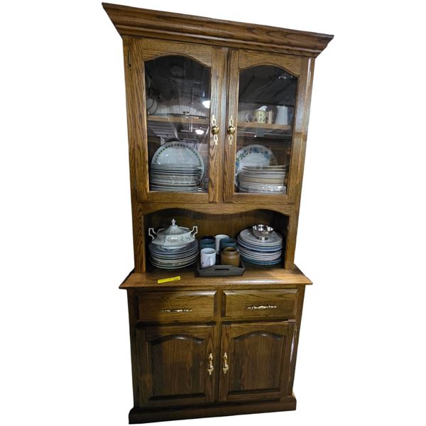 Oak Finish China Cabinet / Hutch with Glass Doors & Dishware Contents