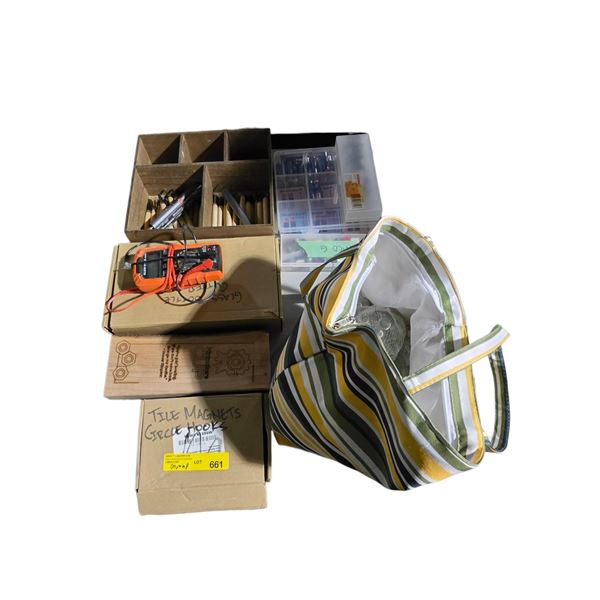 Group of Misc Makers - Tile Magnet Circle Hooks, Battery Box, Klein Tools MM400 Digital Multimeter w