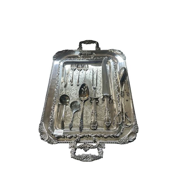 Silverplate Serving Tray w/Assorted Serving Utensils & Flatware