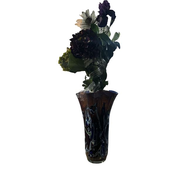 Art Glass Floor Vase with Artificial Floral Arrangement