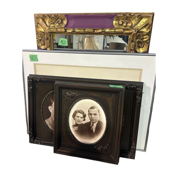 Group of Various Framed Pictures, Mirror, Vintage Photographs, Etc.