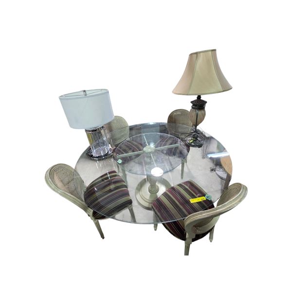 Round Glass Top Dining Table w/4 Matching Chairs & Assorted Table Lamps & Wall Mirror
