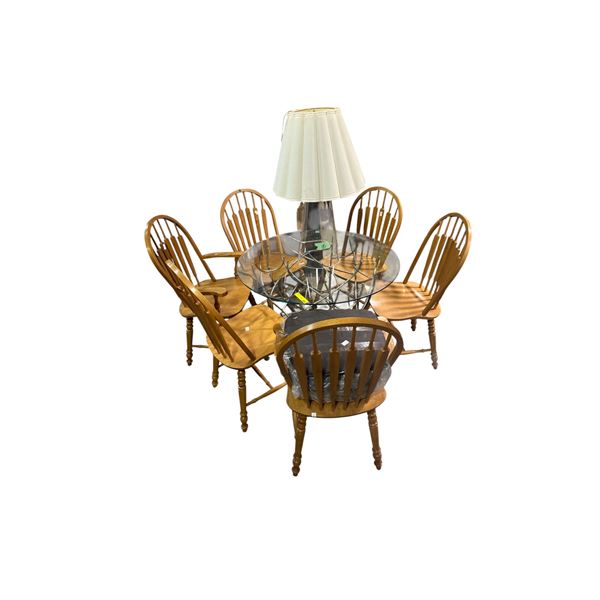 Round Glass Top Dining Table with Metal Base & Six Wooden Dining Chairs, Includes Table Lamp