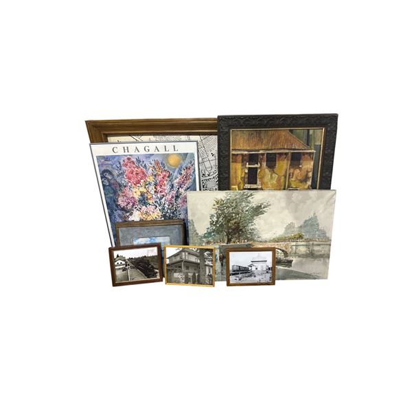 Assorted Framed Artwork & Prints Including Landscape Painting and Chagall Poster