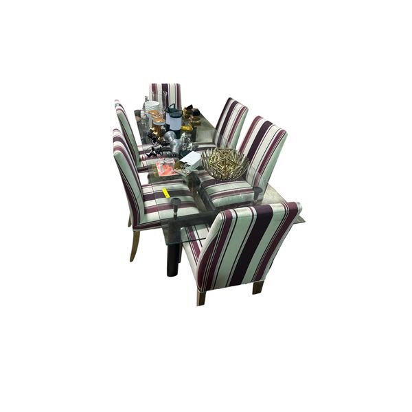 Glass Top Dining Table with Six Upholstered Dining Chairs & Assorted Decor Items - Lights, Vase, Dec