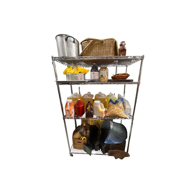 Rack Full of Contents - Garlic, Pasta Noodles, BBQ Sauce, Pots, Trays, Basket, Etc. (RACK NOT INCLUD
