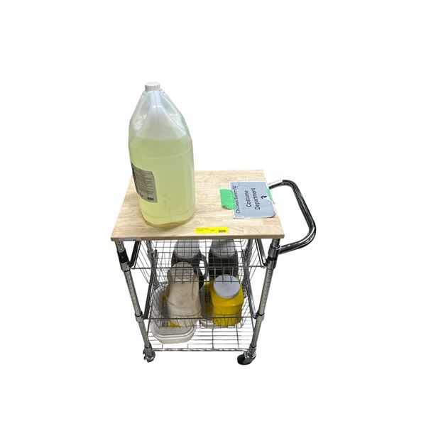 Group of Rolling Cart w/Wood Top w/Bleach, Ranch, 2x Marinade, Etc.