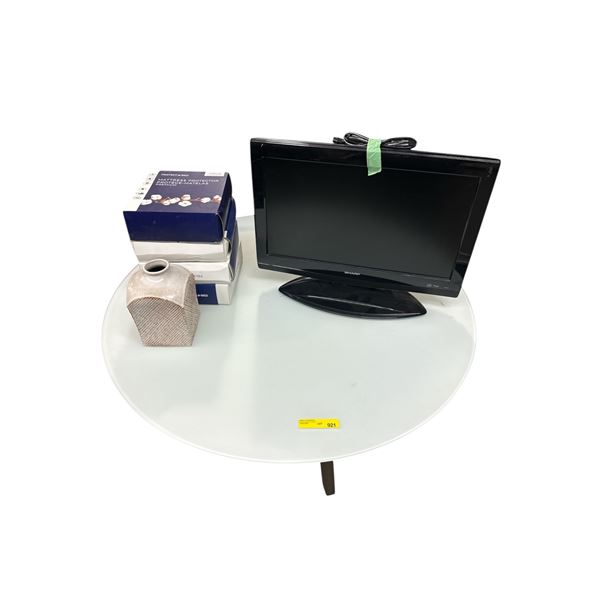 Group of Round Table w/Sharp TV, 4x Mattress Protector & Vase