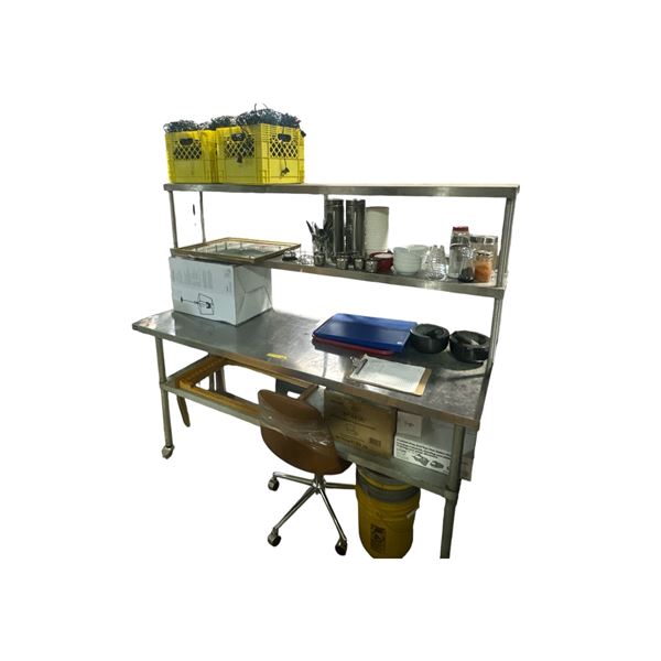 Stainless Steel Prep Table with Shelving, Christmas Lights & Assorted Kitchenware Approx. 6ft L x 2f