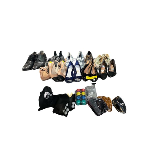 2 Shelves of Shoes, Baseball Gloves, Ping Pong Paddles/Balls, Etc.