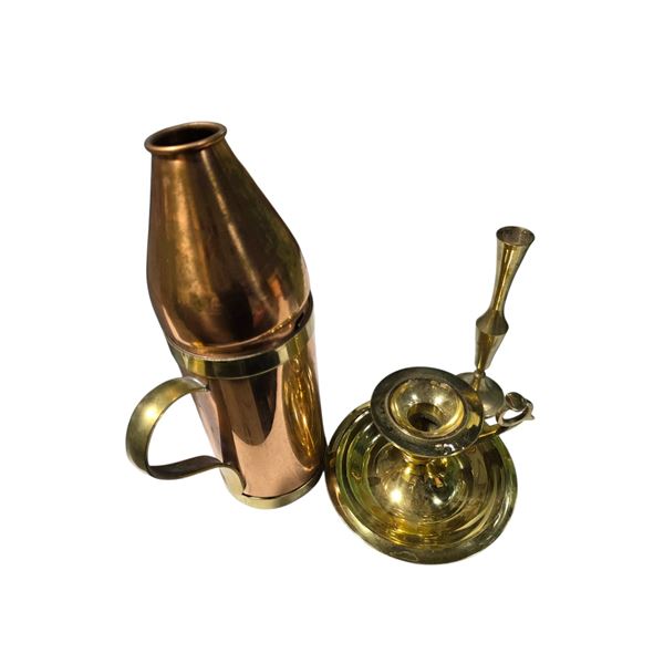 Vintage Copper Brass Wine Bottle Holder & Solid Brass Chamberstick Candle Holder