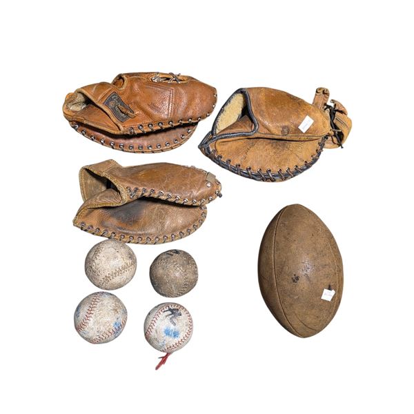 Vintage group of Early 20's Sport Memorabilia - includes Gloves, old Melon-Shaped Football & Leather