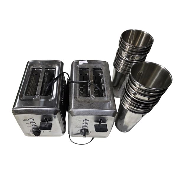 Group of 2 Hamilton Beach Toasters & approx. 20 Stainless Steel Milkshake Mixing Cups