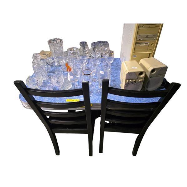 Vintage Blue Top Fornica Camping Table & Set of 2 Wooden Chairs (approx. 4ft x 30")