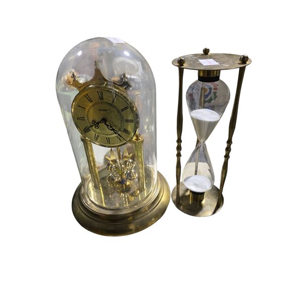 Vintage Gruen Anniversary Clock Glass Dome & Brass Hourglass Sand Timer