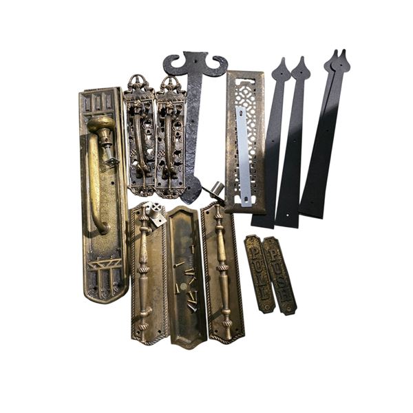 Group of Collection of Antique Style Brass Door Hardware & Handles - includes Set of Dragon Handles,