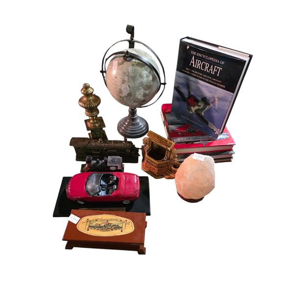 Vintage Group of Decorative Items - includes Aircraft Hardcover Books/Salt Lamp/ Vintage Brass Feder