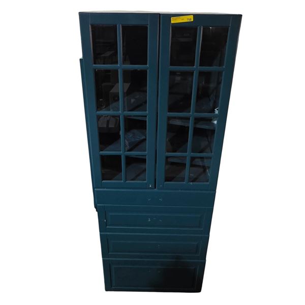 Dark Blue Glass Display Kitchen Cabinet - approx. 30" x 80" H (Handles are missing)