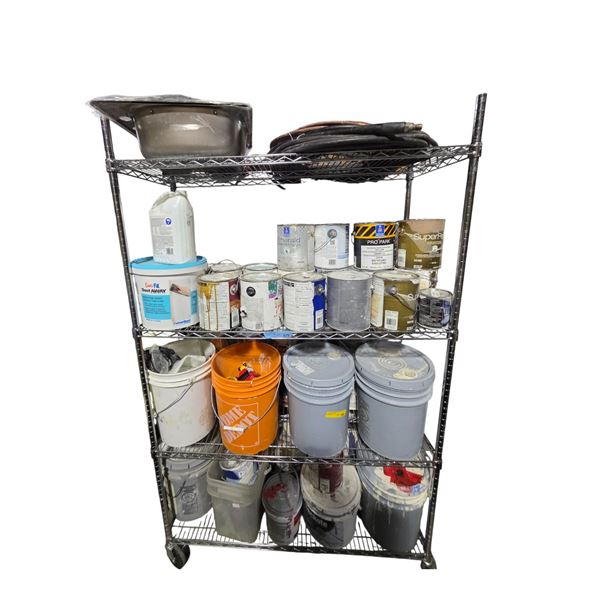 Shelf full of assorted Paints, Various Tools & Supplies - includes Stainless Steel Sink/Ropes/Drywal