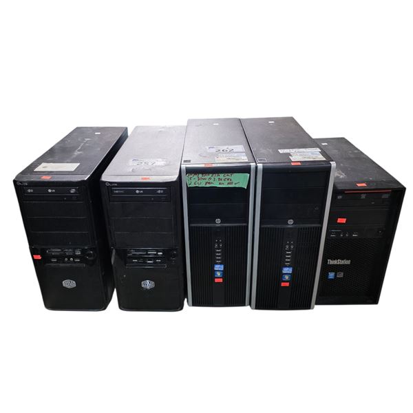 Group of 5 Computer Towers - includes 2 Cooler Master, ThinkStation & Set of 2 HP (Not Tested)
