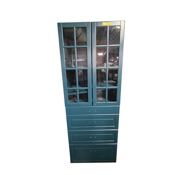 Dark Blue Glass Display Kitchen Cabinet - approx. 30" x 80" H (Handles are missing)