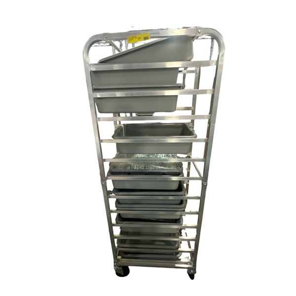 Commercial Aluminum Sheet Pan Rack with Assorted Plastic Food Bins